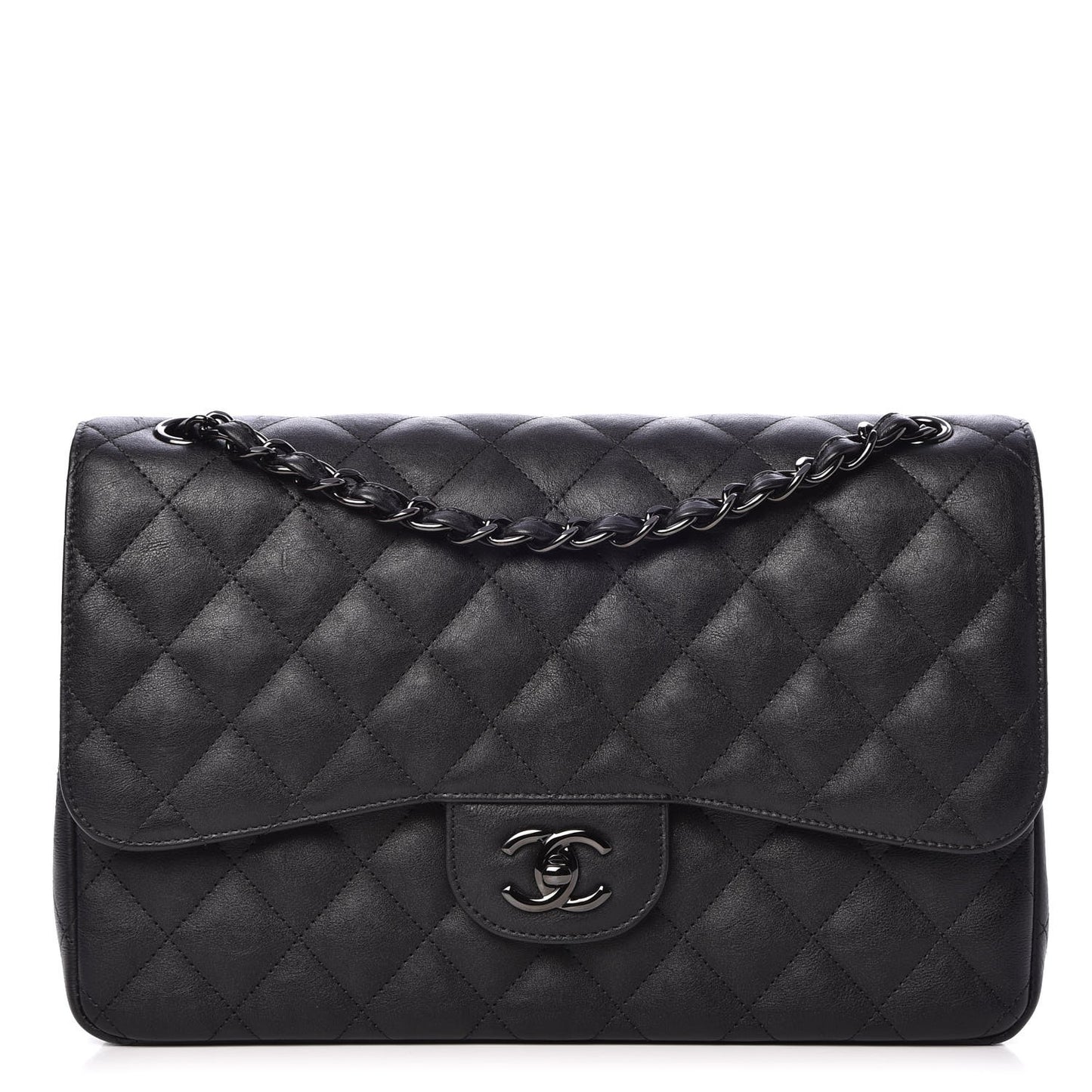 Crumpled Calfskin Quilted Jumbo Double Flap So Black
