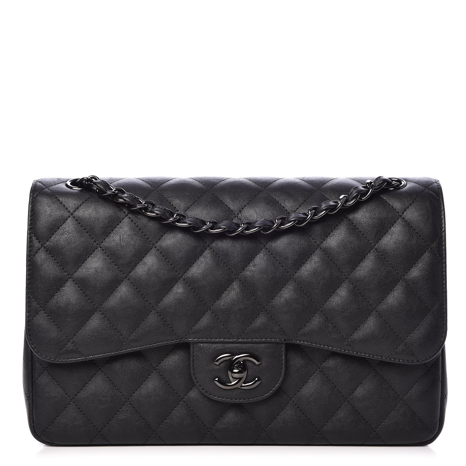 Chanel Crumpled Calfskin Quilted Jumbo Double Flap So Black 1 of 8