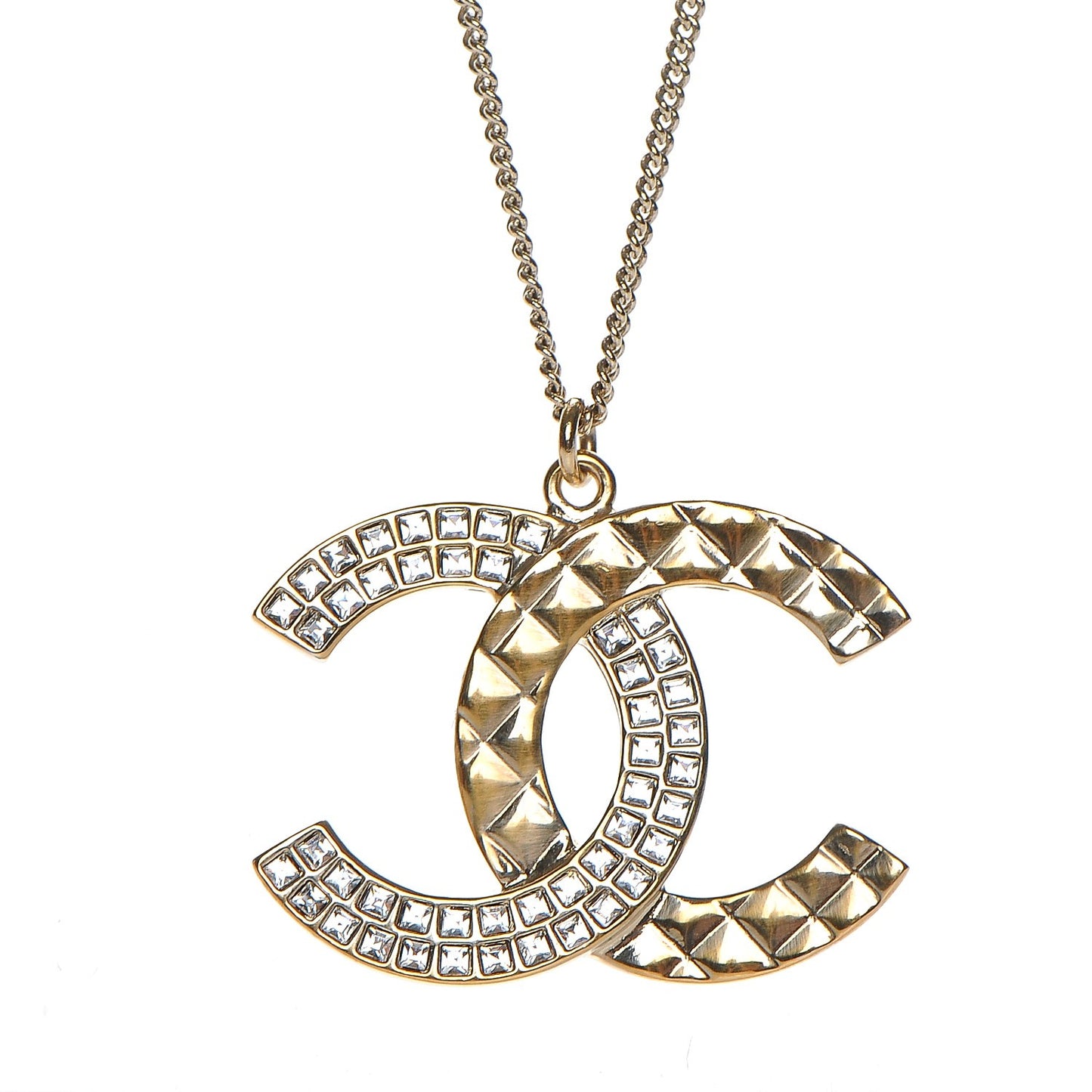 Baguette Crystal Quilted CC Pendant Necklace Gold