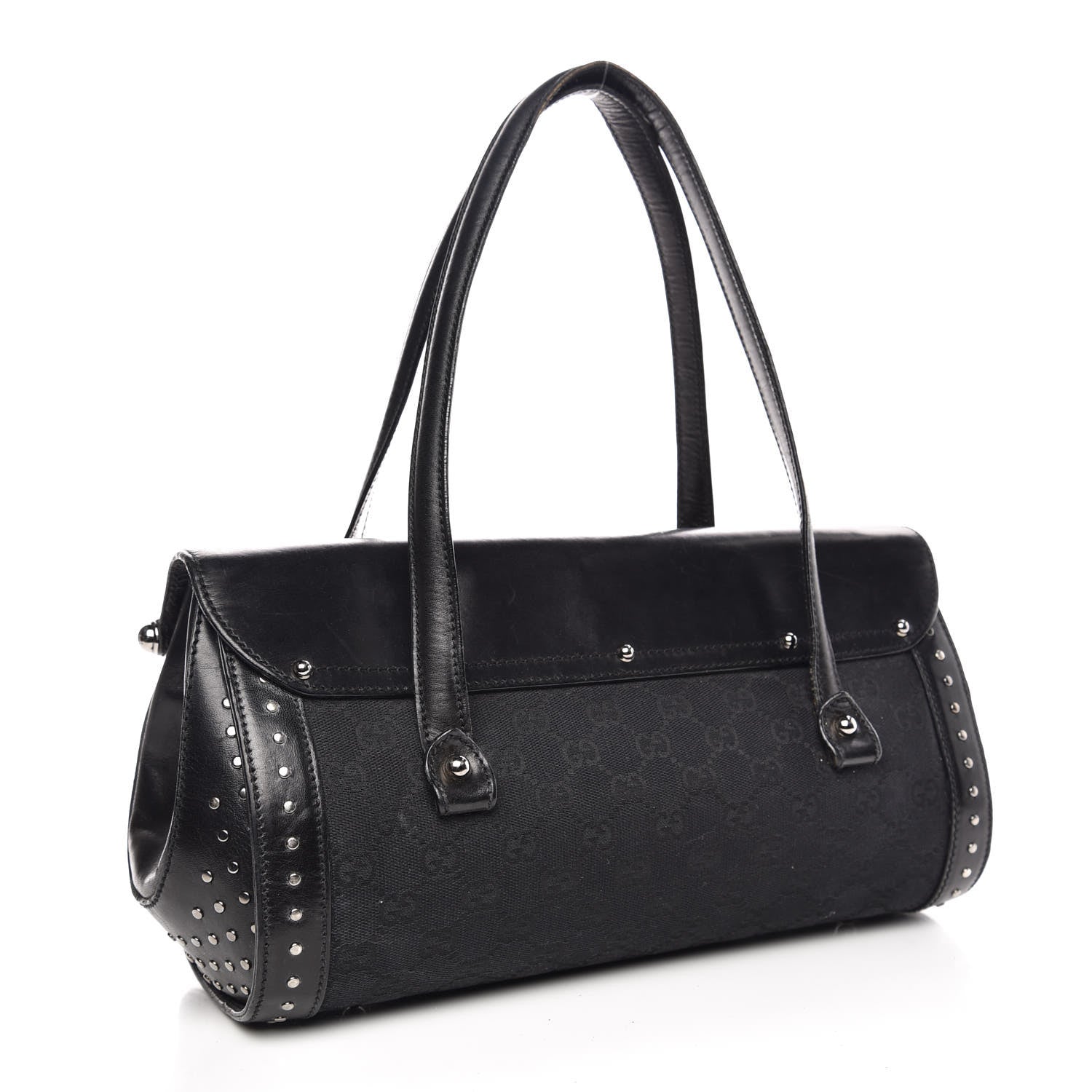 Gucci Monogram Studded Bamboo Bullet Satchel Black 3 of 9