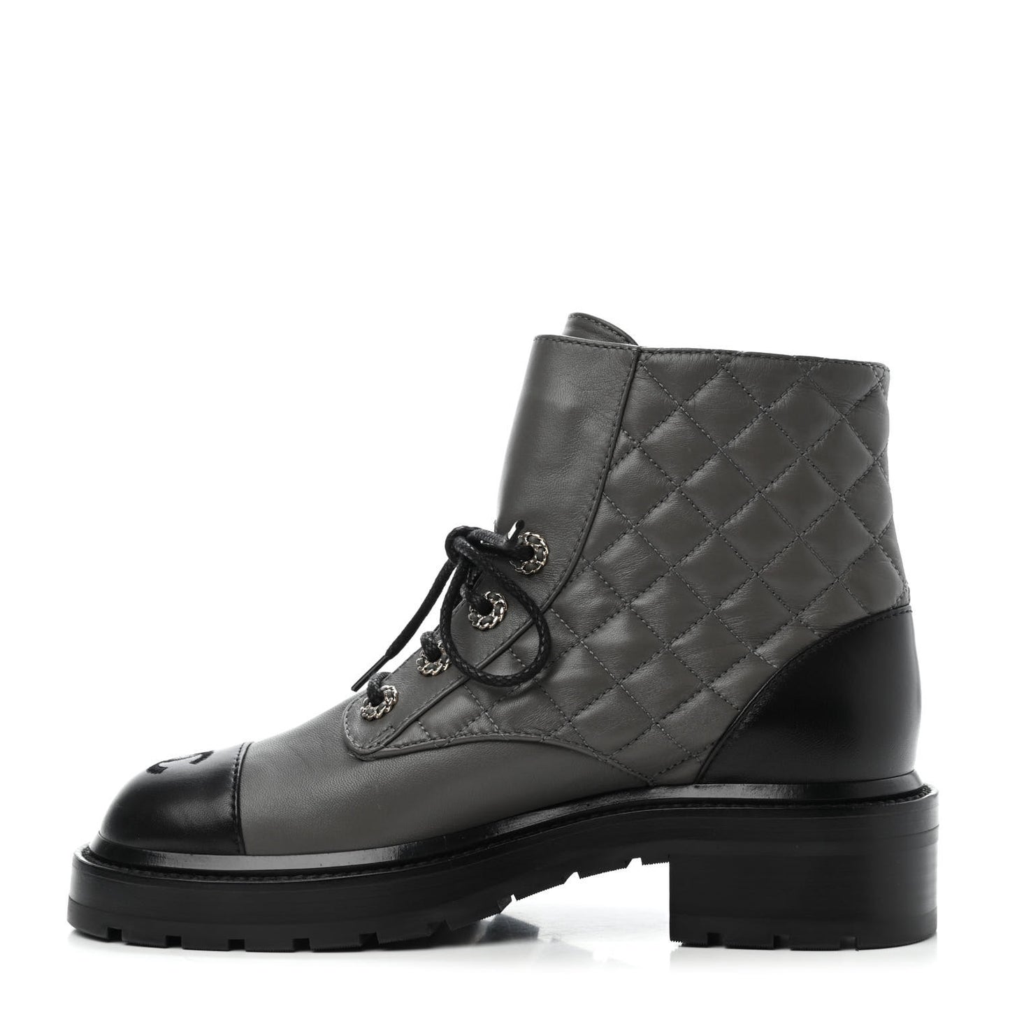 Shiny Lambskin Quilted Lace Up Combat Boots 37.5 Grey Black