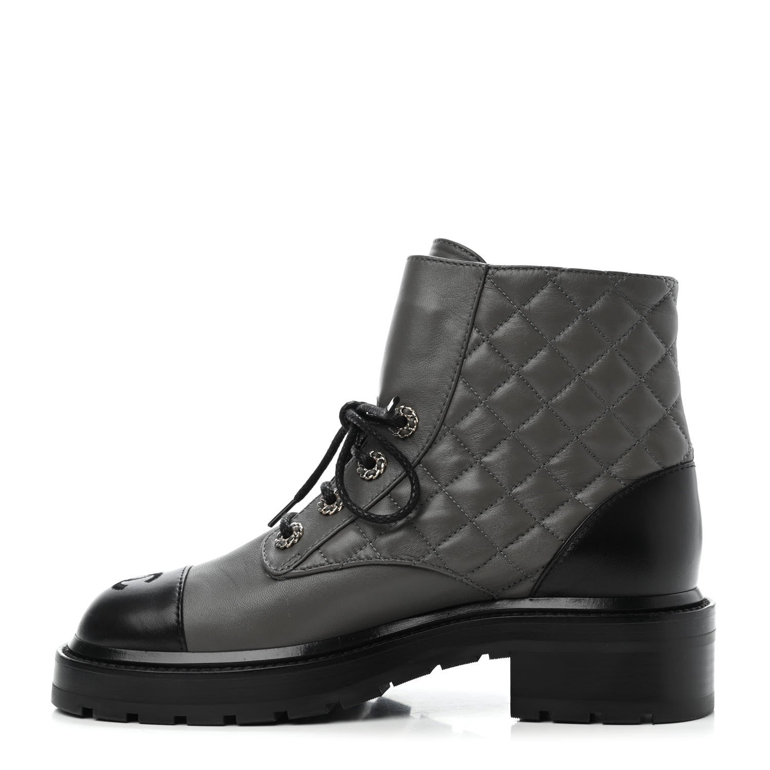 Chanel Shiny Lambskin Quilted Lace Up Combat Boots 37.5 Grey Black 1 of 4