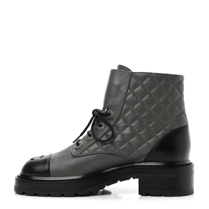 Chanel Shiny Lambskin Quilted Lace Up Combat Boots 37.5 Grey Black 1 of 4