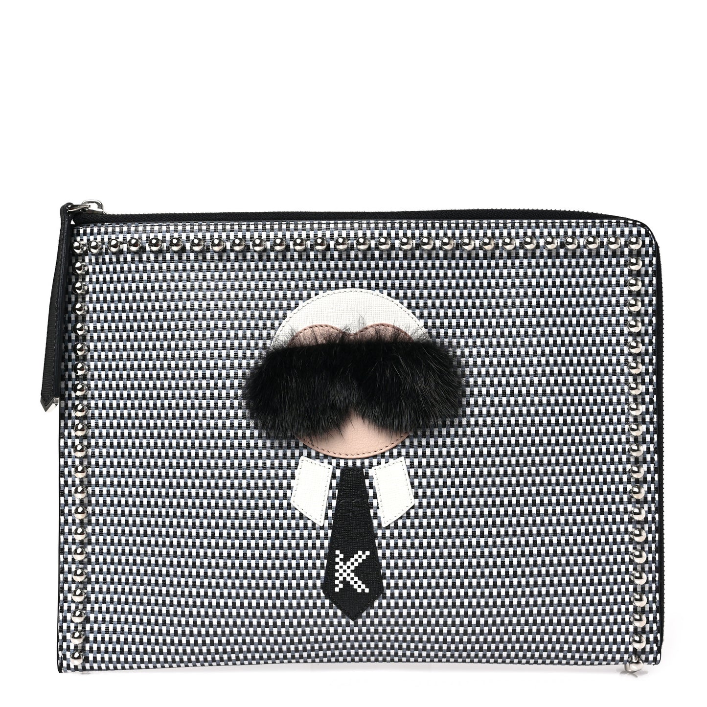 Calfskin Mink Fur Studded Karlito Zip Around Pouch Black White