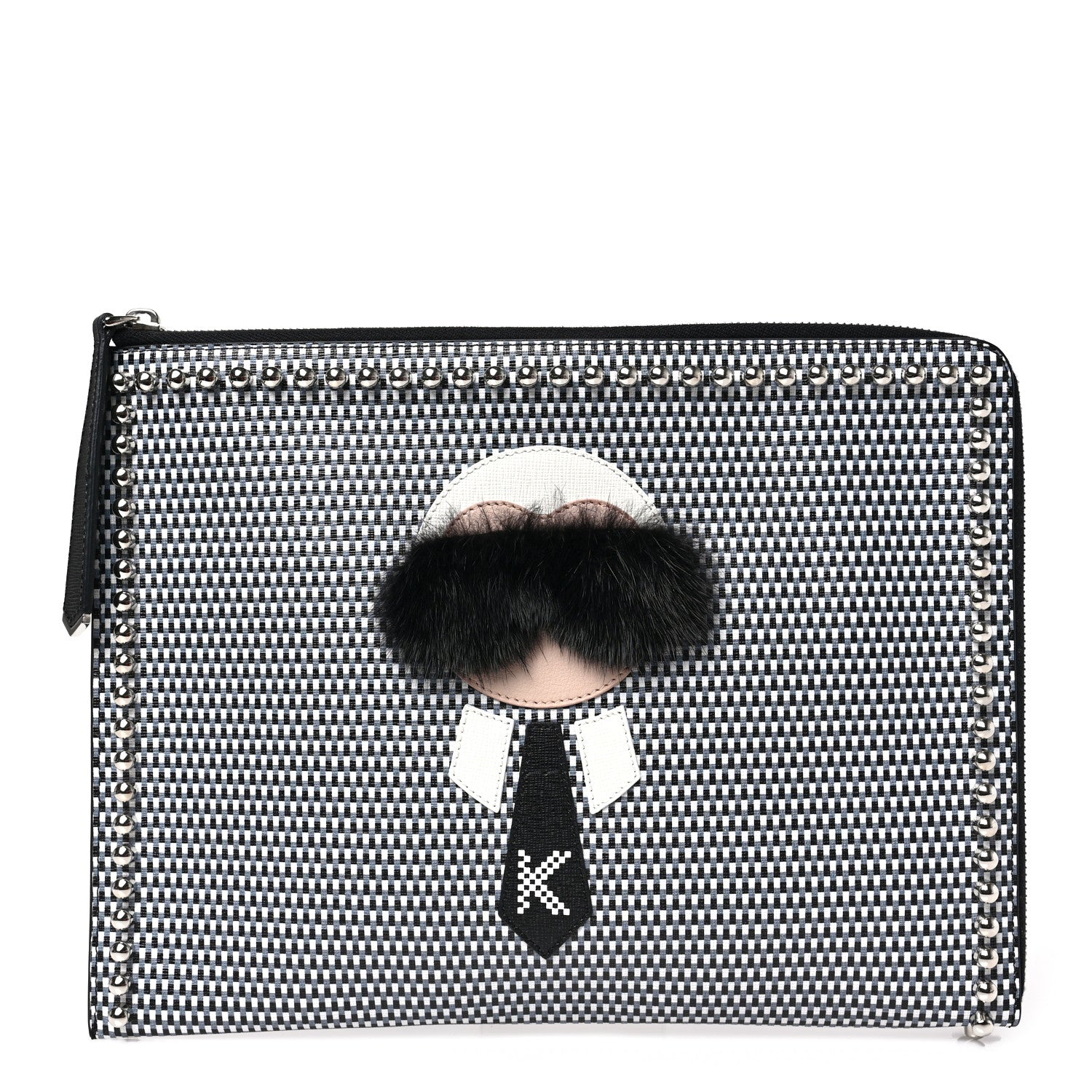 Fendi Calfskin Mink Fur Studded Karlito Zip Around Pouch Black White 1 of 7