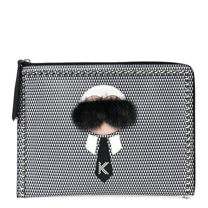Fendi Calfskin Mink Fur Studded Karlito Zip Around Pouch Black White 1 of 7
