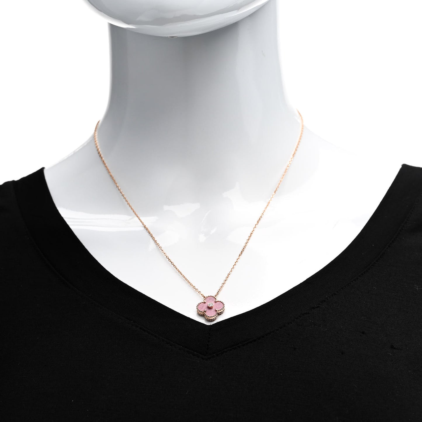 18K Rose Gold Diamond Rhodonite Vintage Alhambra Pendant Necklace
