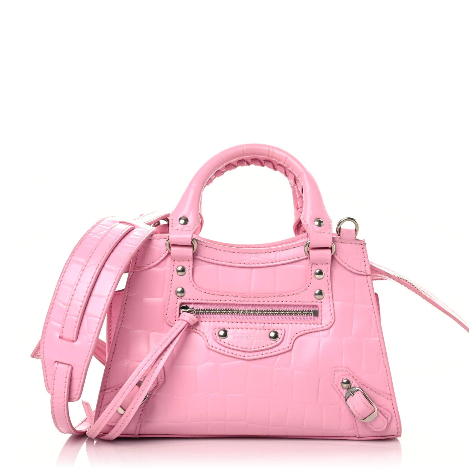 Balenciaga Semi Shiny Calfskin Crocodile Embossed Neo Classic Silver Hardware Mini City Pink 1 of 22