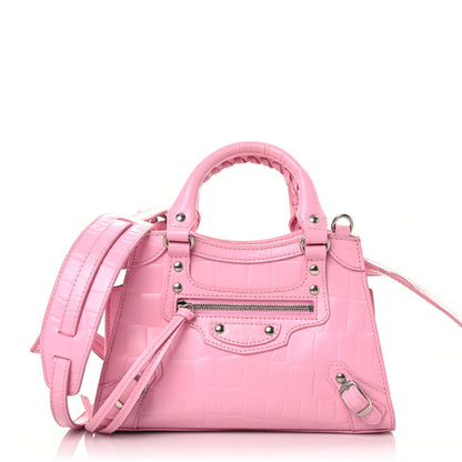 Balenciaga Semi Shiny Calfskin Crocodile Embossed Neo Classic Silver Hardware Mini City Pink 1 of 22