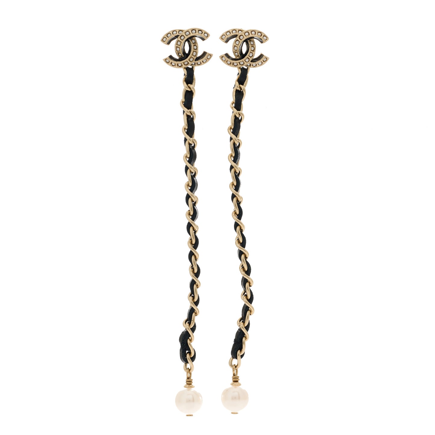 Lambskin Chain Crystal Pearl CC Drop Earrings Gold