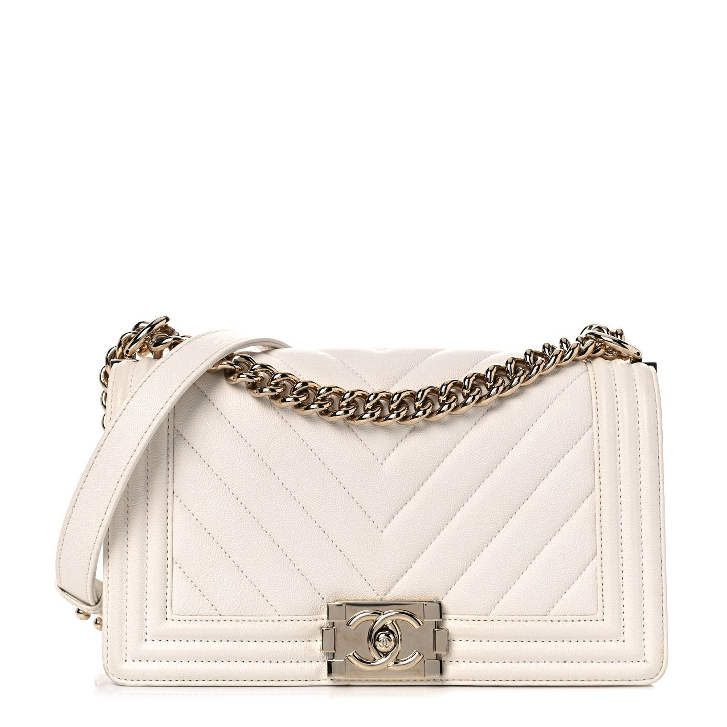 Caviar Chevron Quilted Medium Boy Flap White