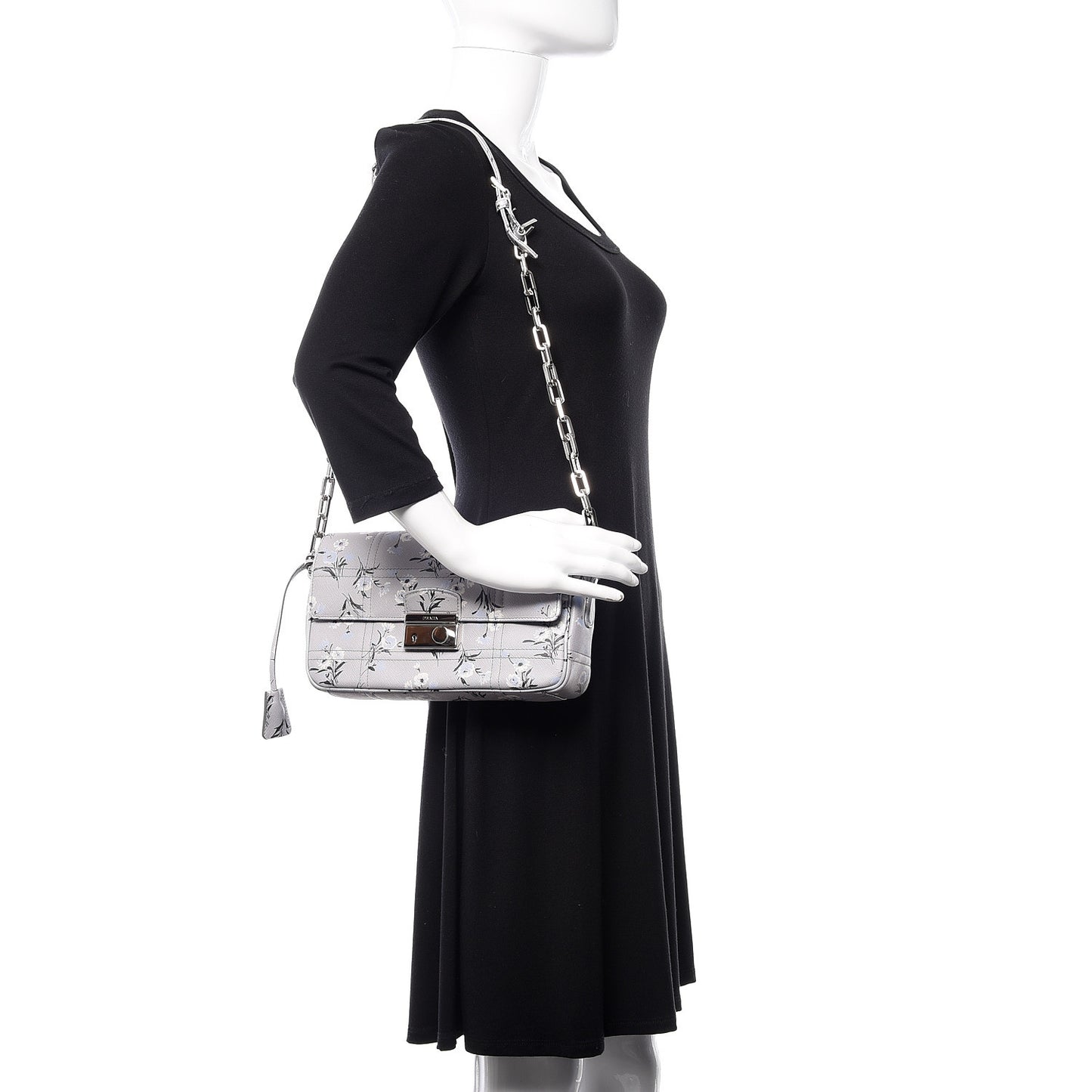 Soft Saffiano Floral Print Sound Shoulder Bag Acciaio