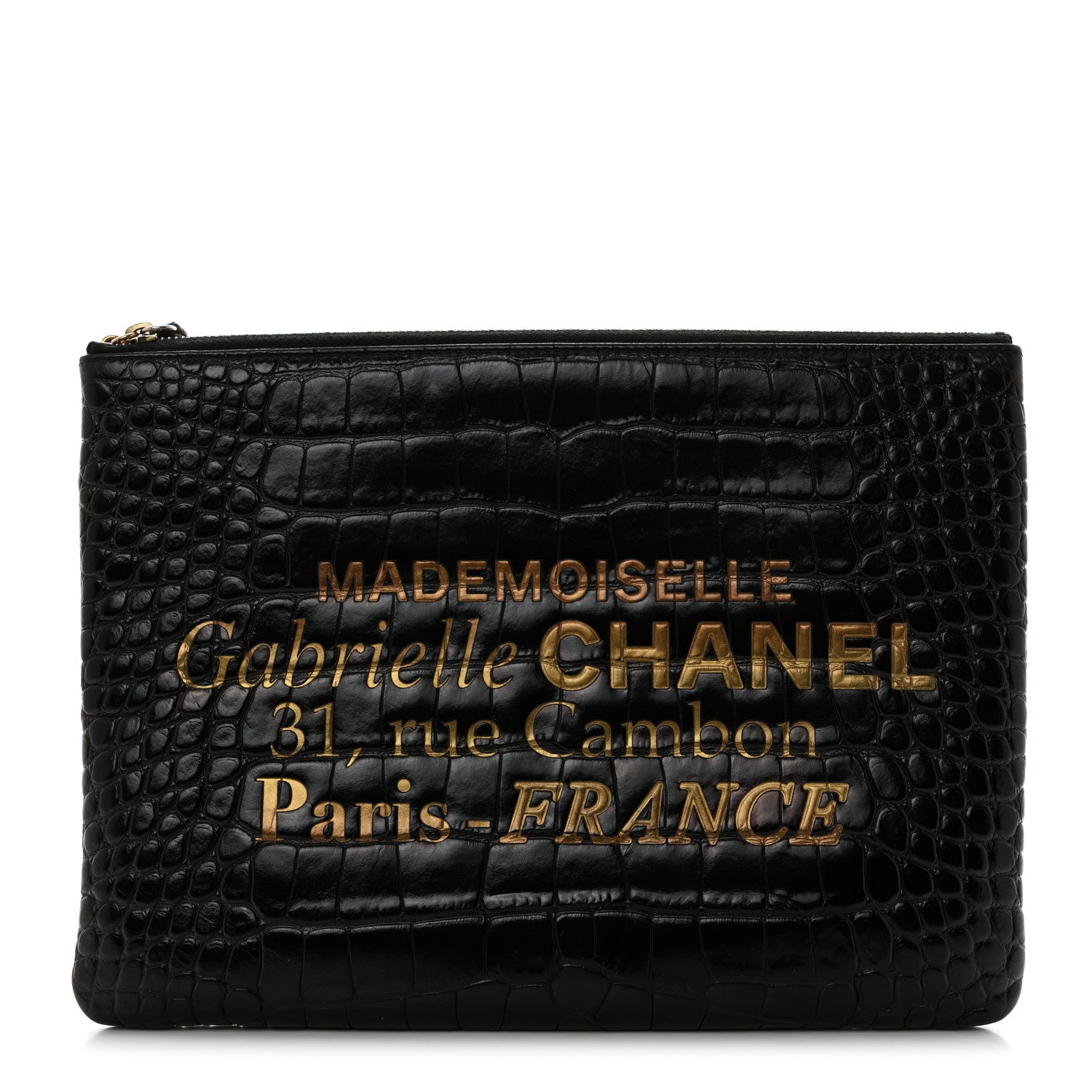 Chanel Calfskin Crocodile Embossed Cocodile Medium Cosmetic Case Black Gold 1 of 7