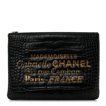 Chanel Calfskin Crocodile Embossed Cocodile Medium Cosmetic Case Black Gold 1 of 7