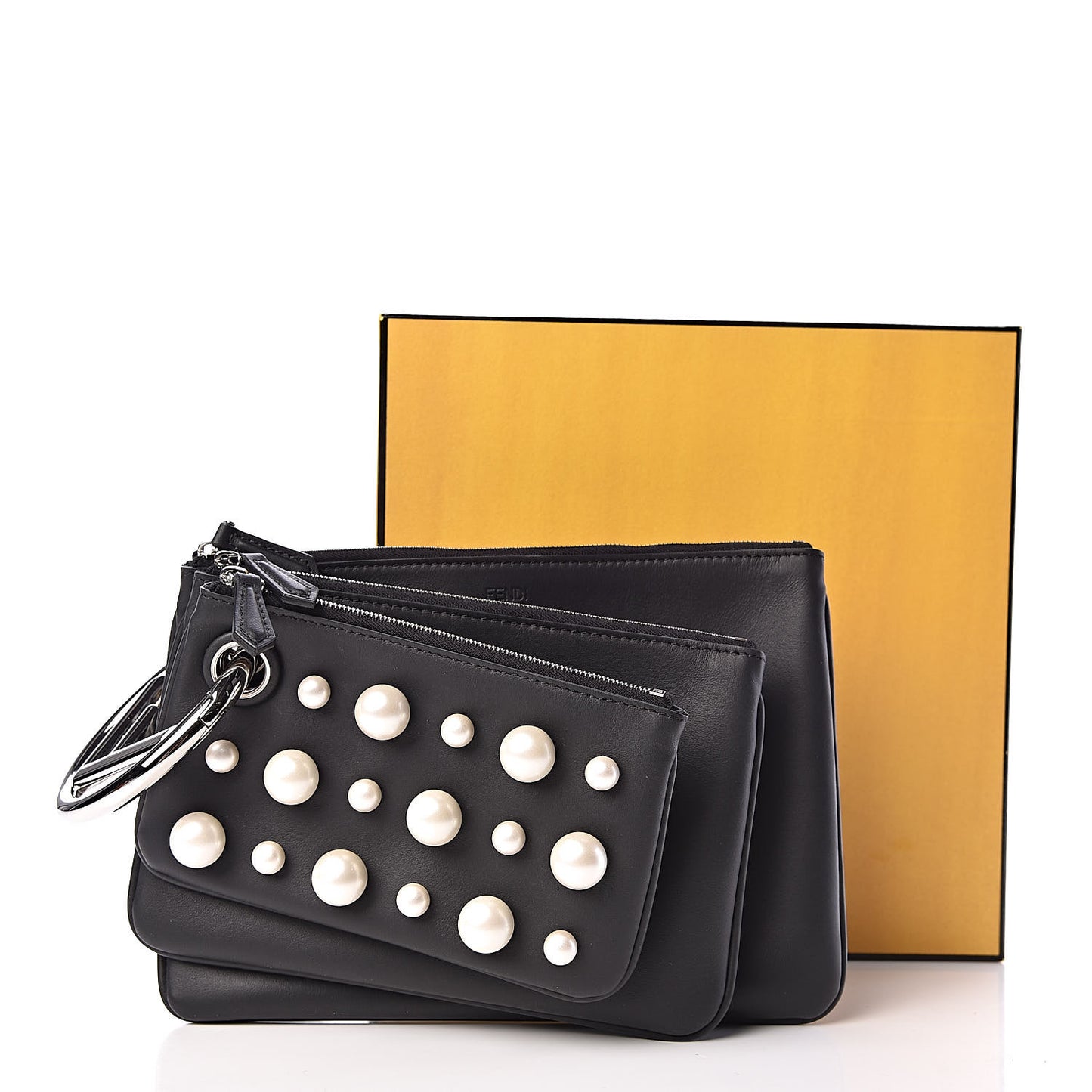 Calfskin Pearl F is Embellished Triplette Pouch Set Black