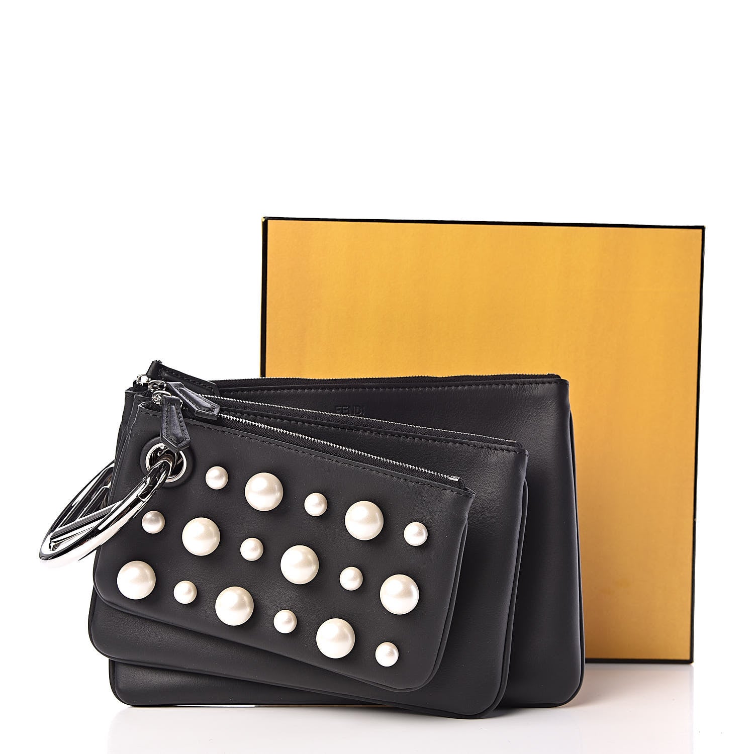 Fendi Calfskin Pearl F is Embellished Triplette Pouch Set Black 9 of 9