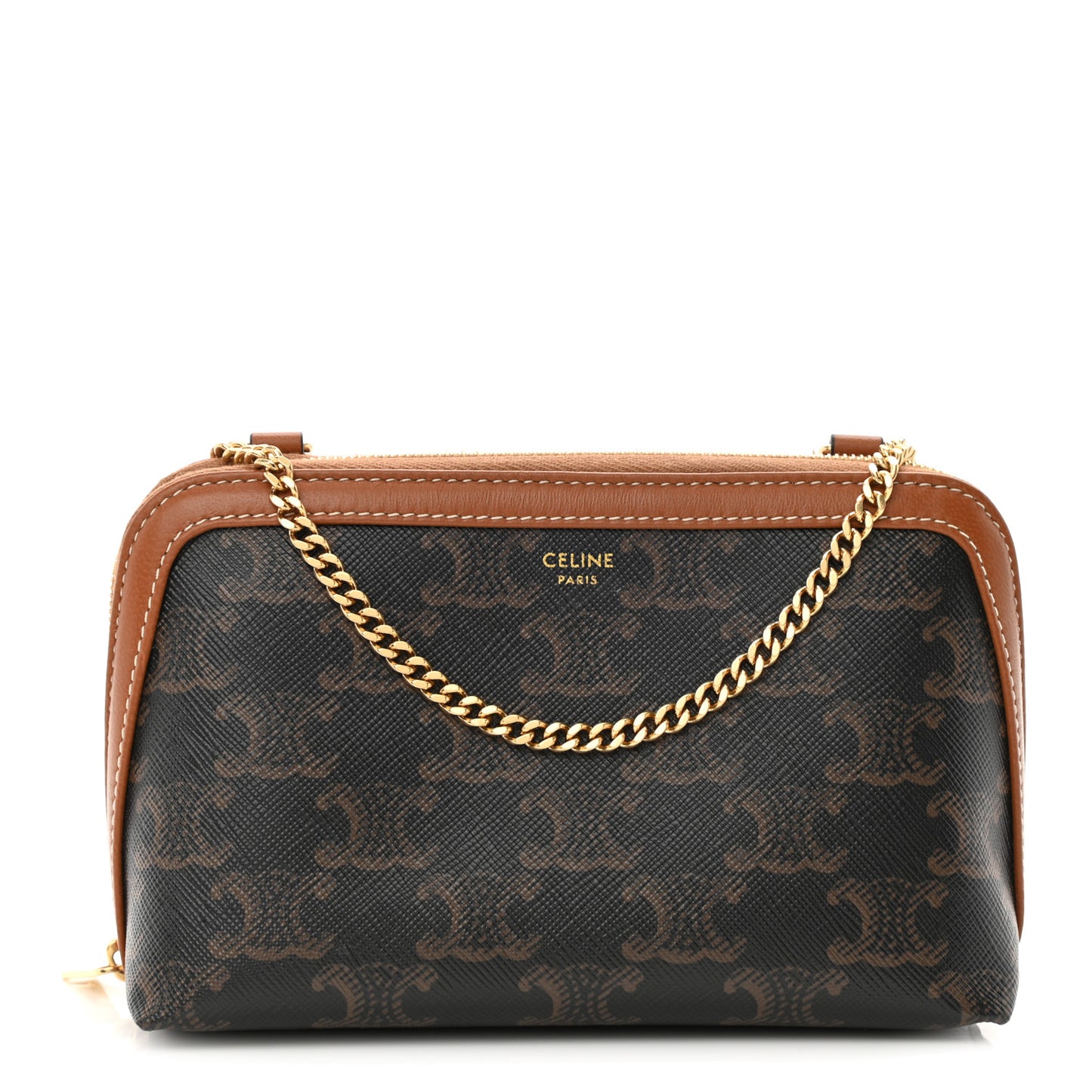 Triomphe Canvas Calfskin Mini Clutch on Chain Tan