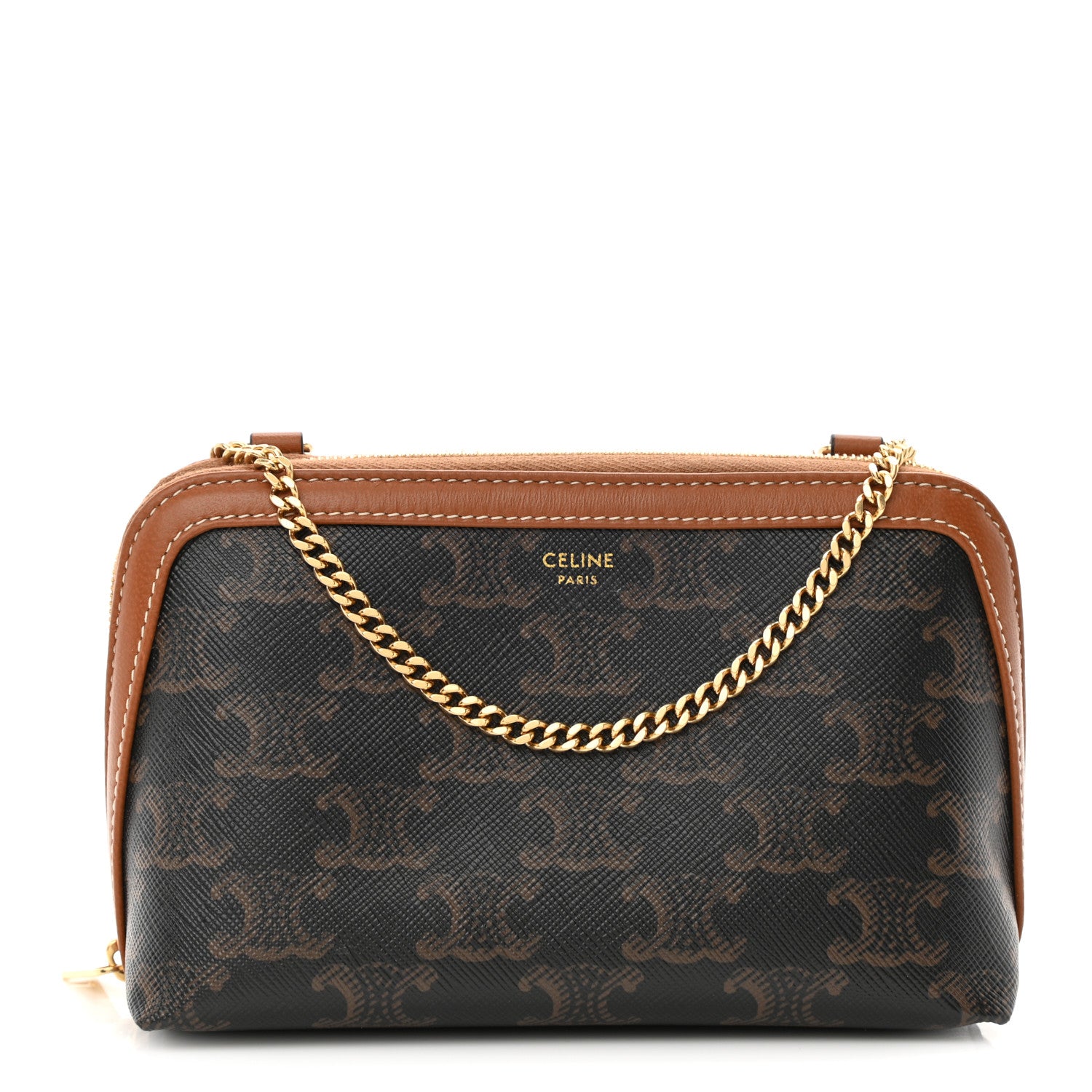 Celine Triomphe Canvas Calfskin Mini Clutch on Chain Tan 1 of 10