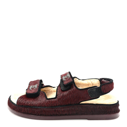 Chanel Calf Hair Suede Shearling Dad Sandals 37.5 Burgundy Black 1 of 9