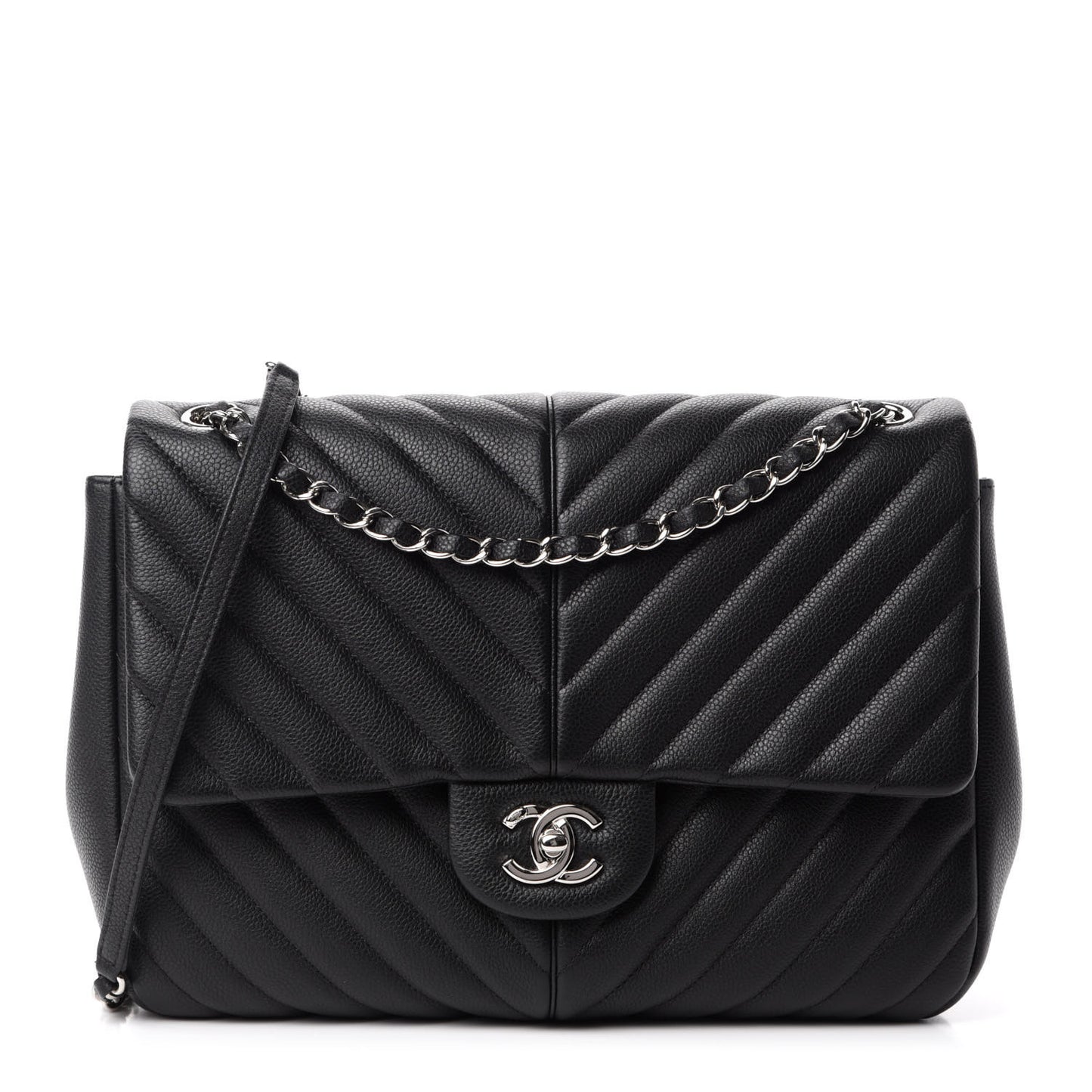 Caviar Chevron Quilted Large Puffy CC Flap Black