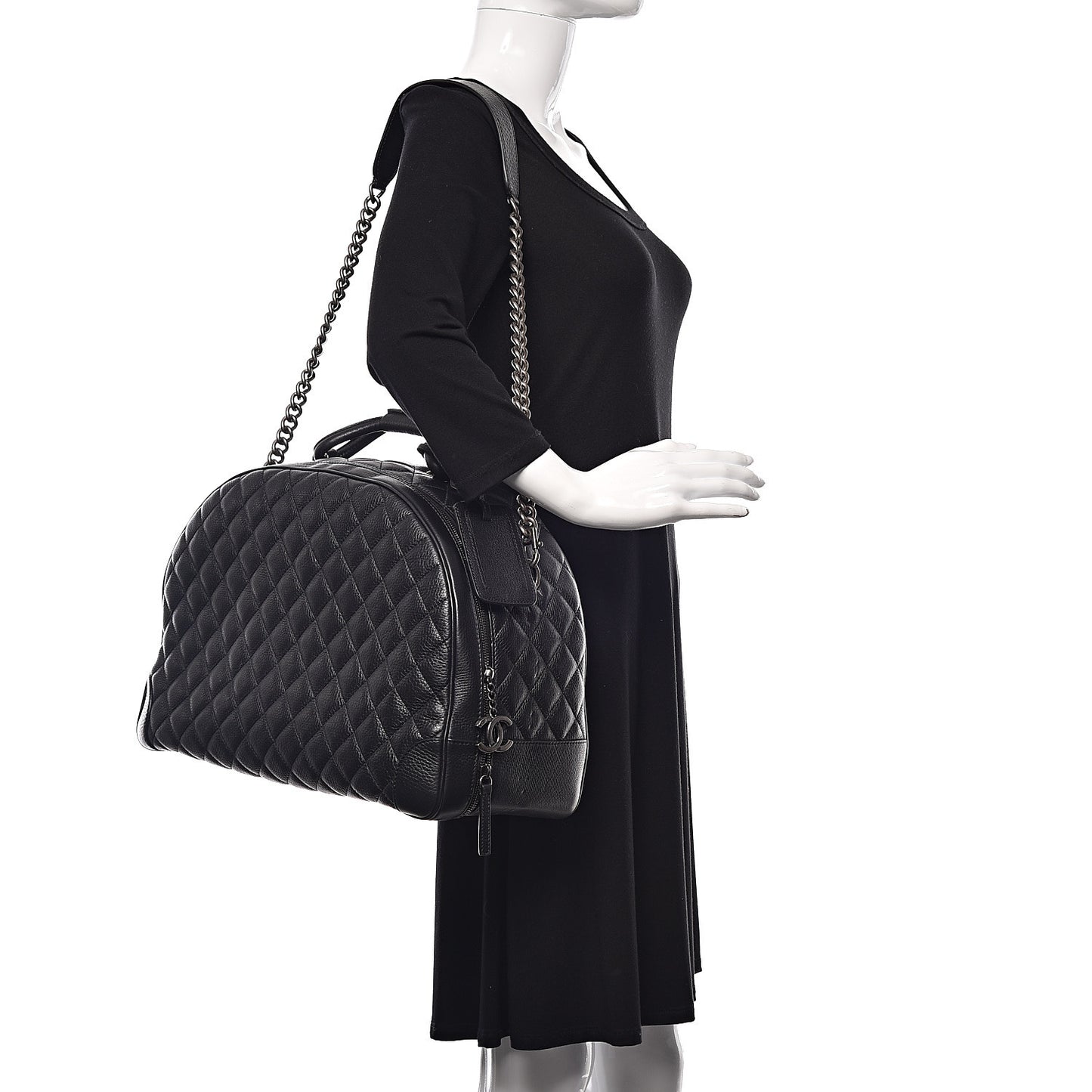 Calfskin Quilted Large Airlines Round Trip Bowling Bag Black