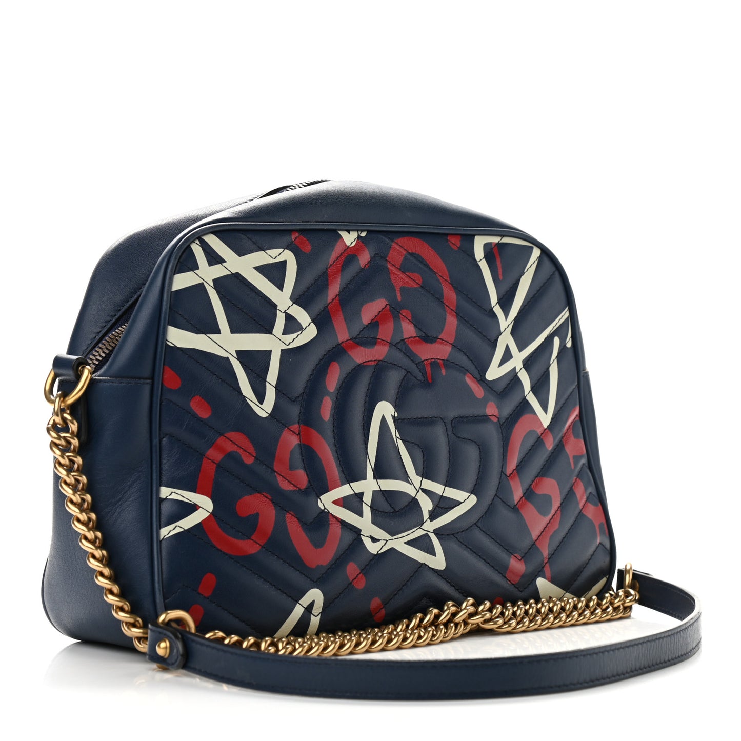 Calfskin Matelasse GucciGhost Medium GG Marmont Chain Shoulder Bag Blue Agata Hibiscus Red