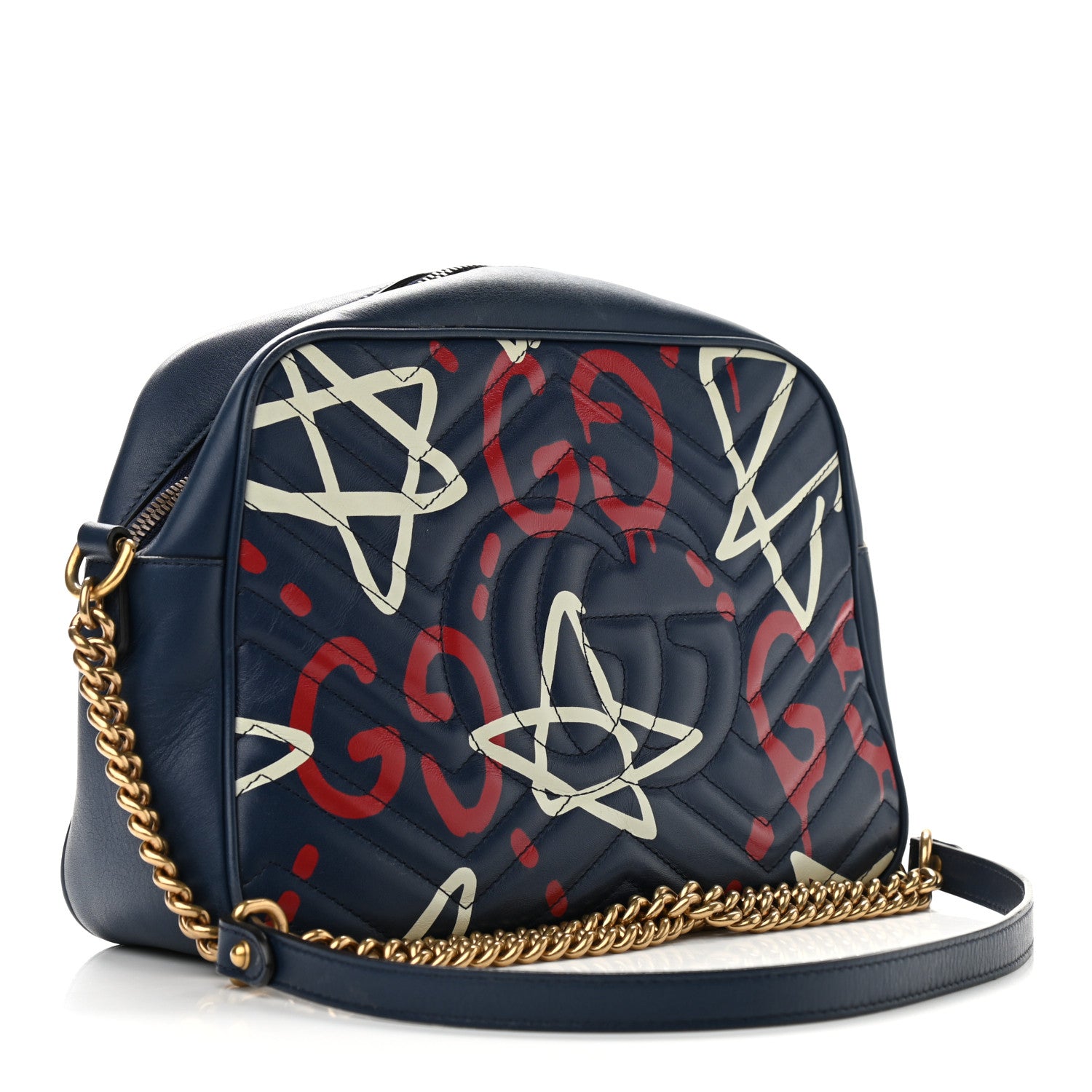 Gucci Calfskin Matelasse GucciGhost Medium GG Marmont Chain Shoulder Bag Blue Agata Hibiscus Red 3 of 14