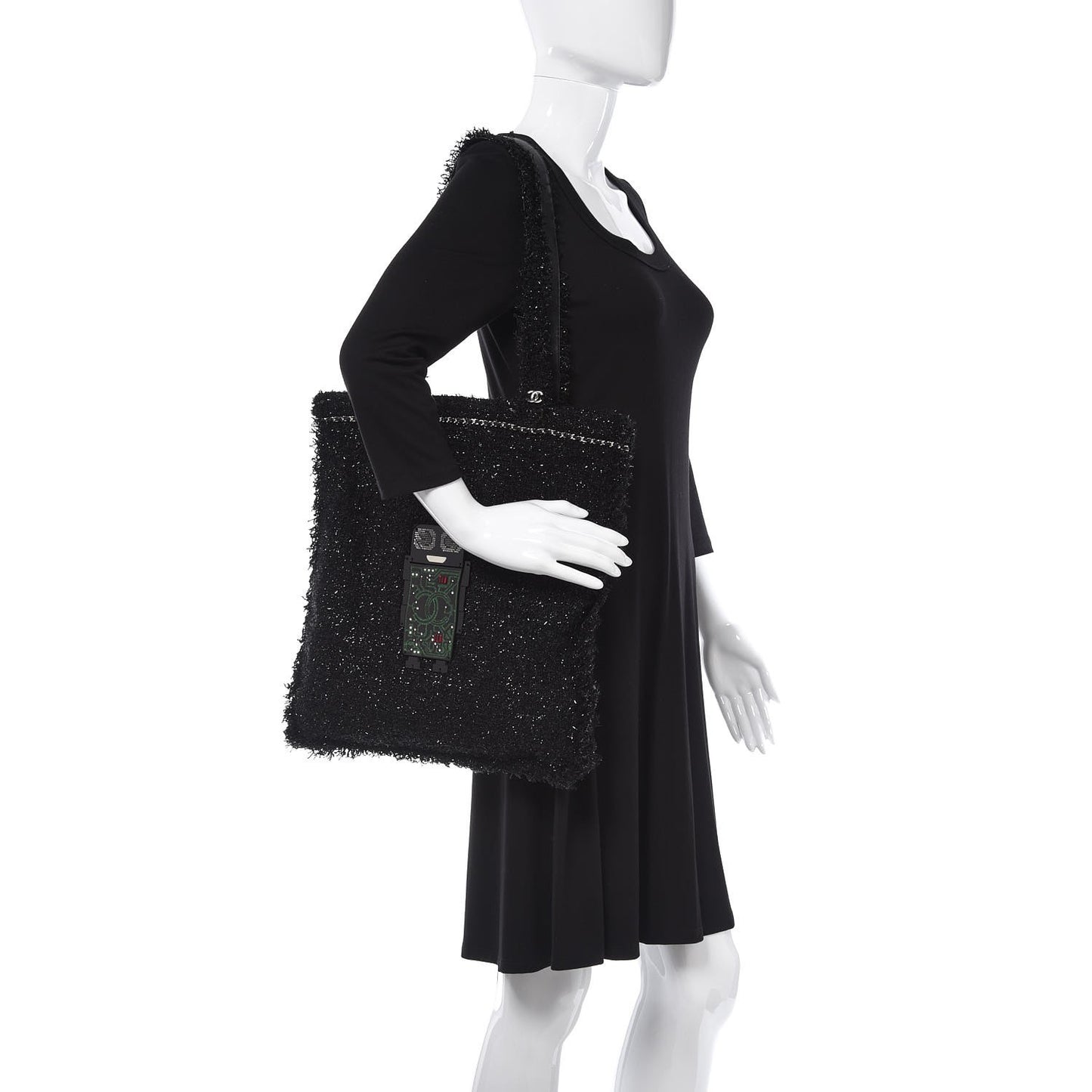Tweed Resin Strass Large Robot Shopping Bag Black