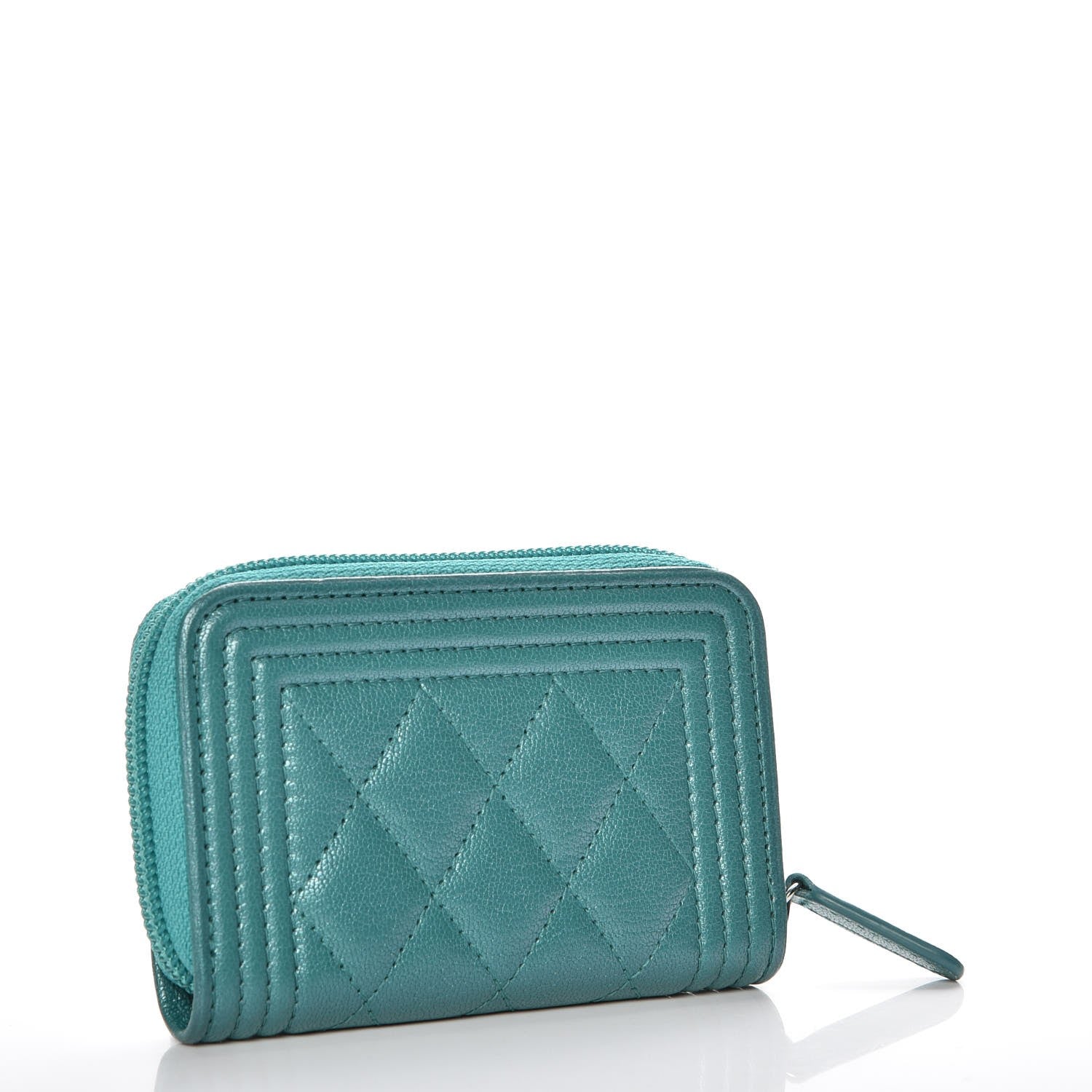 Chanel Metallic Goatskin Quilted Boy Zip Around Coin Purse Wallet Turquoise 3 of 7