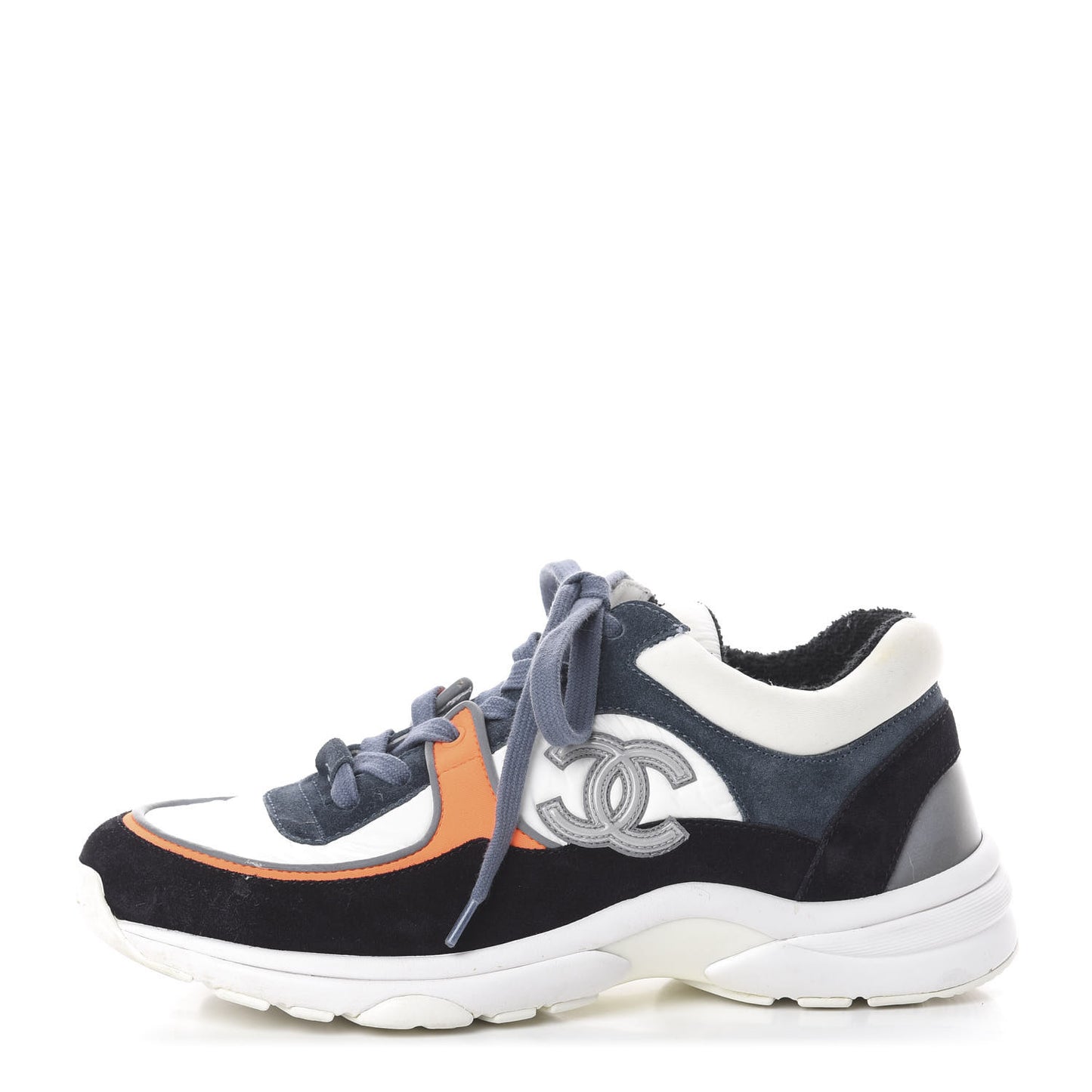 Nylon Calfskin Suede CC Womens Sneakers 37 Navy White Orange
