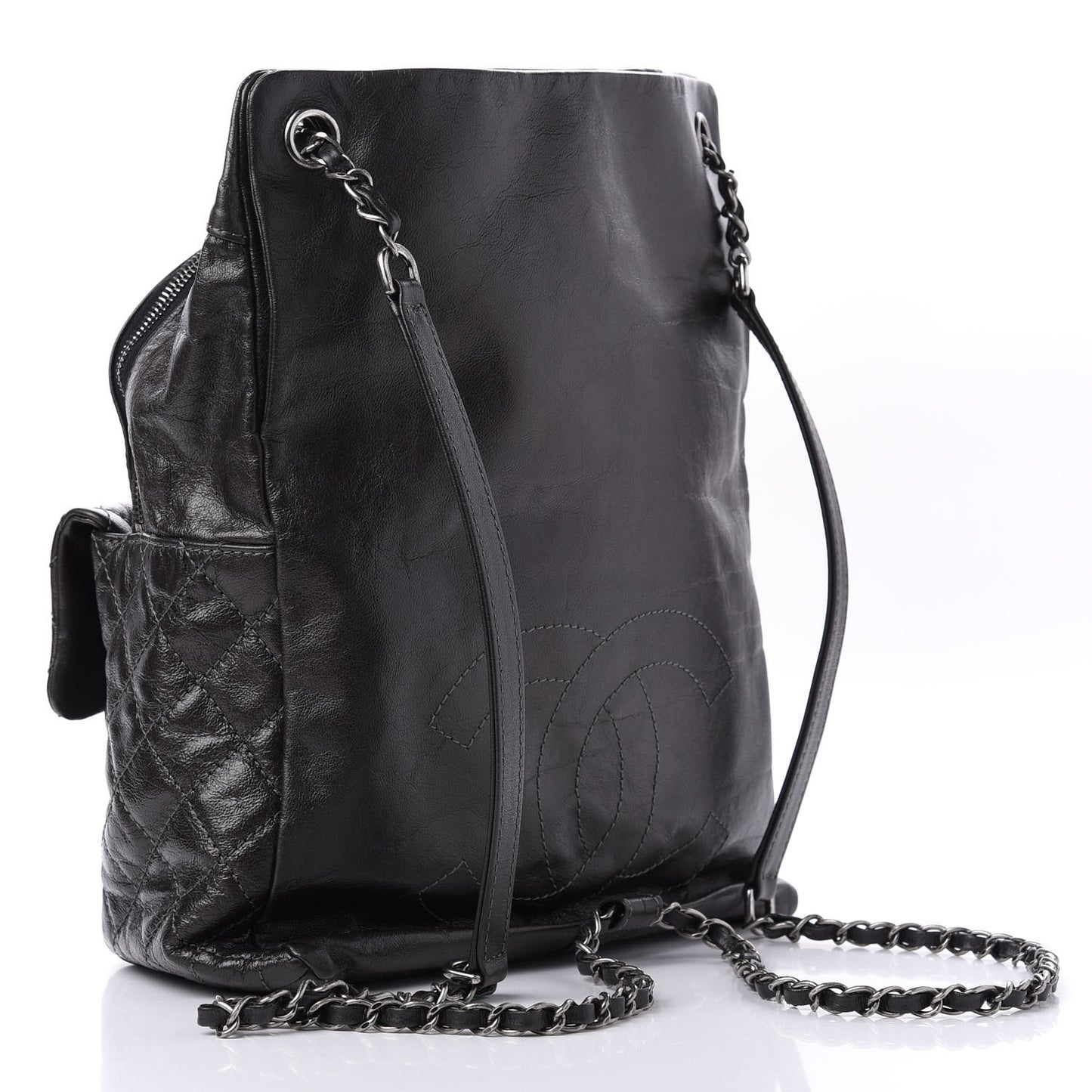 Metallic Lambskin Quilted Drawstring Backpack Black