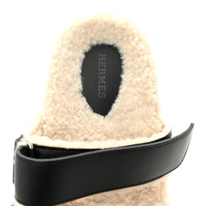 Hermes Calfskin Woolskin Womens Chypre Sandals 40 Black Ecru 7 of 10