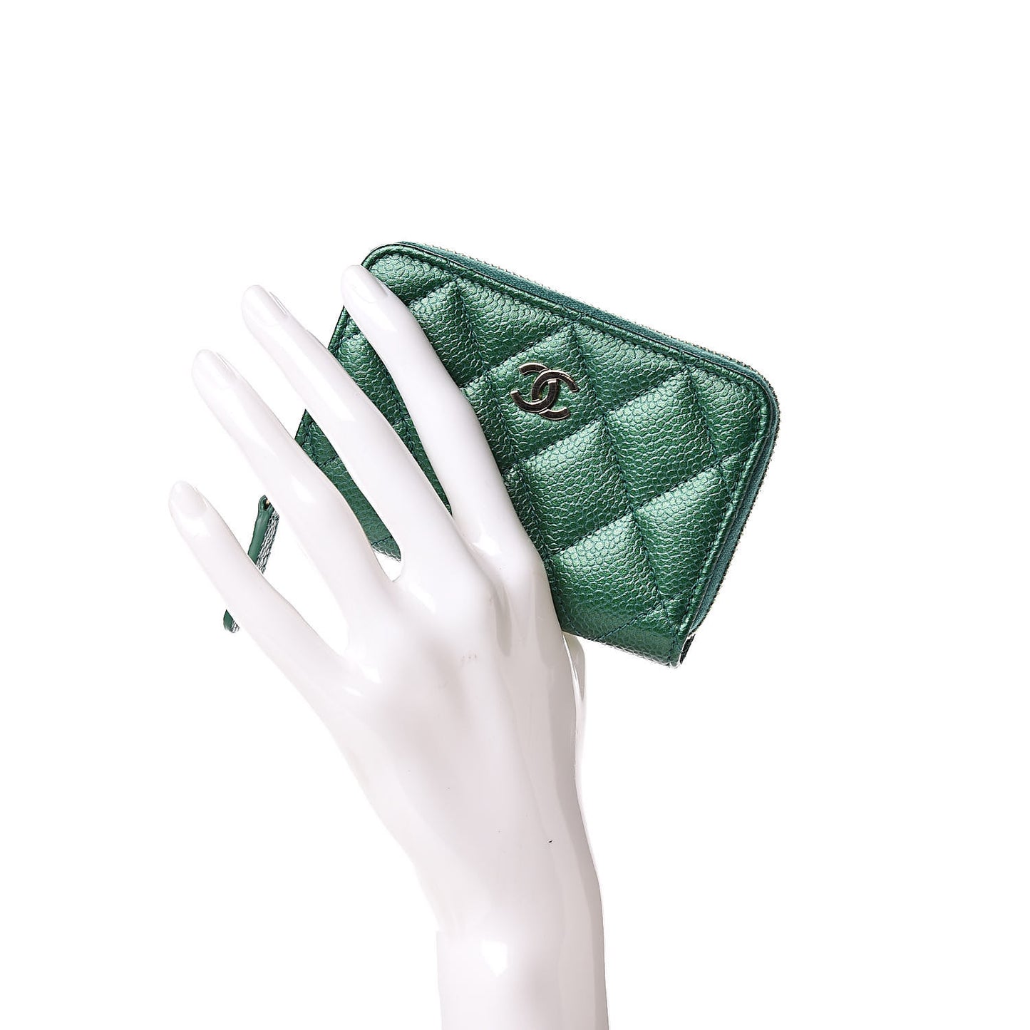 Metallic Caviar Quilted Zip Coin Purse Green