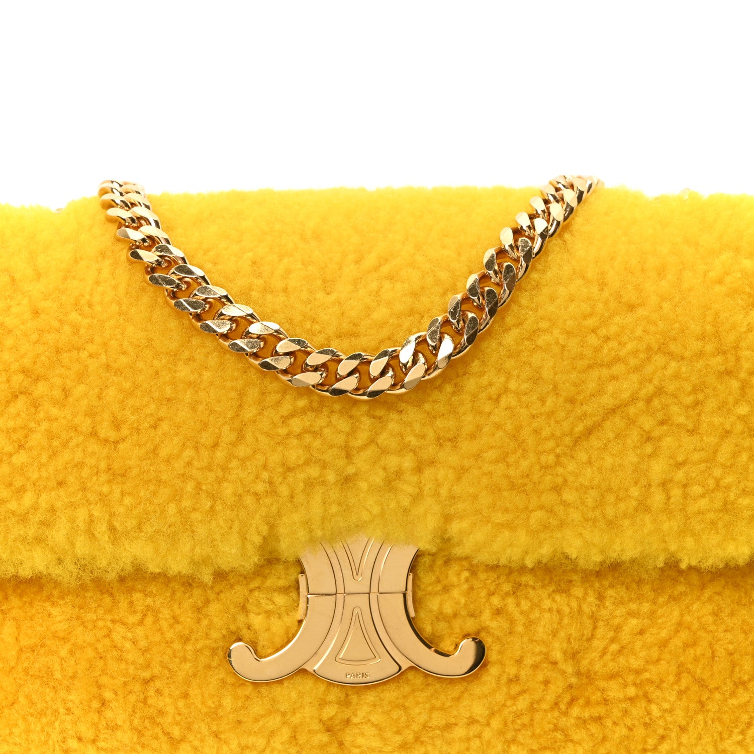 Celine Fluffy Shearling Triomphe Claude Chain Shoulder Bag Yellow