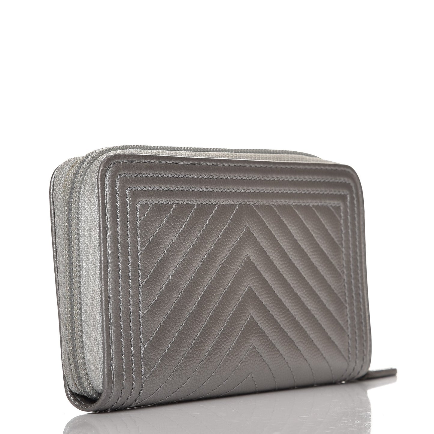 Metallic Caviar Chevron Quilted Boy Small Zip Around Wallet Silver