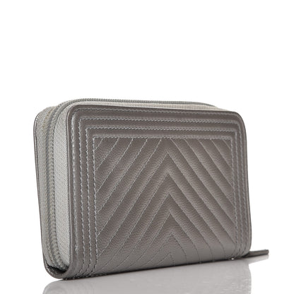 Chanel Metallic Caviar Chevron Quilted Boy Small Zip Around Wallet Silver 3 of 9