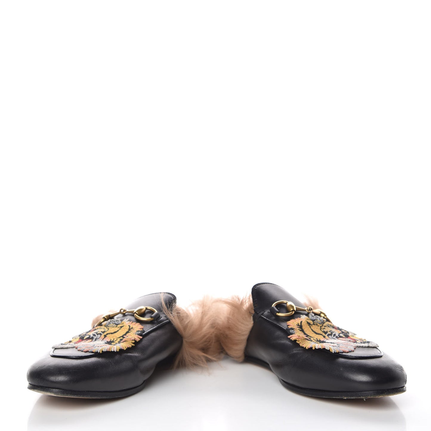 Calfskin Fur Tiger Embroidered Womens Princetown Slippers 36 Black