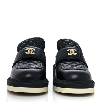 Chanel Lambskin Shearling Quilted CC Turnlock Loafers 40 Black 2 of 9