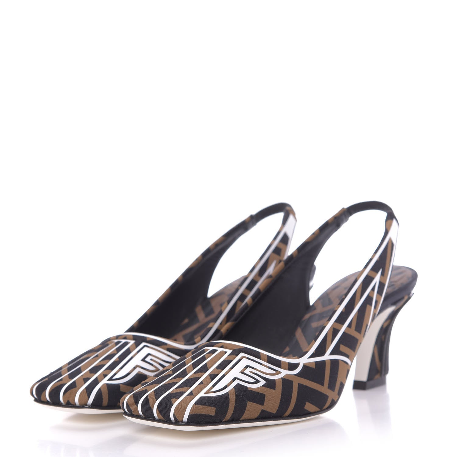 Fendi Lycra Film FF FFreedom Decollete Slingback Pumps 35 Tobacco Moro White 2 of 10