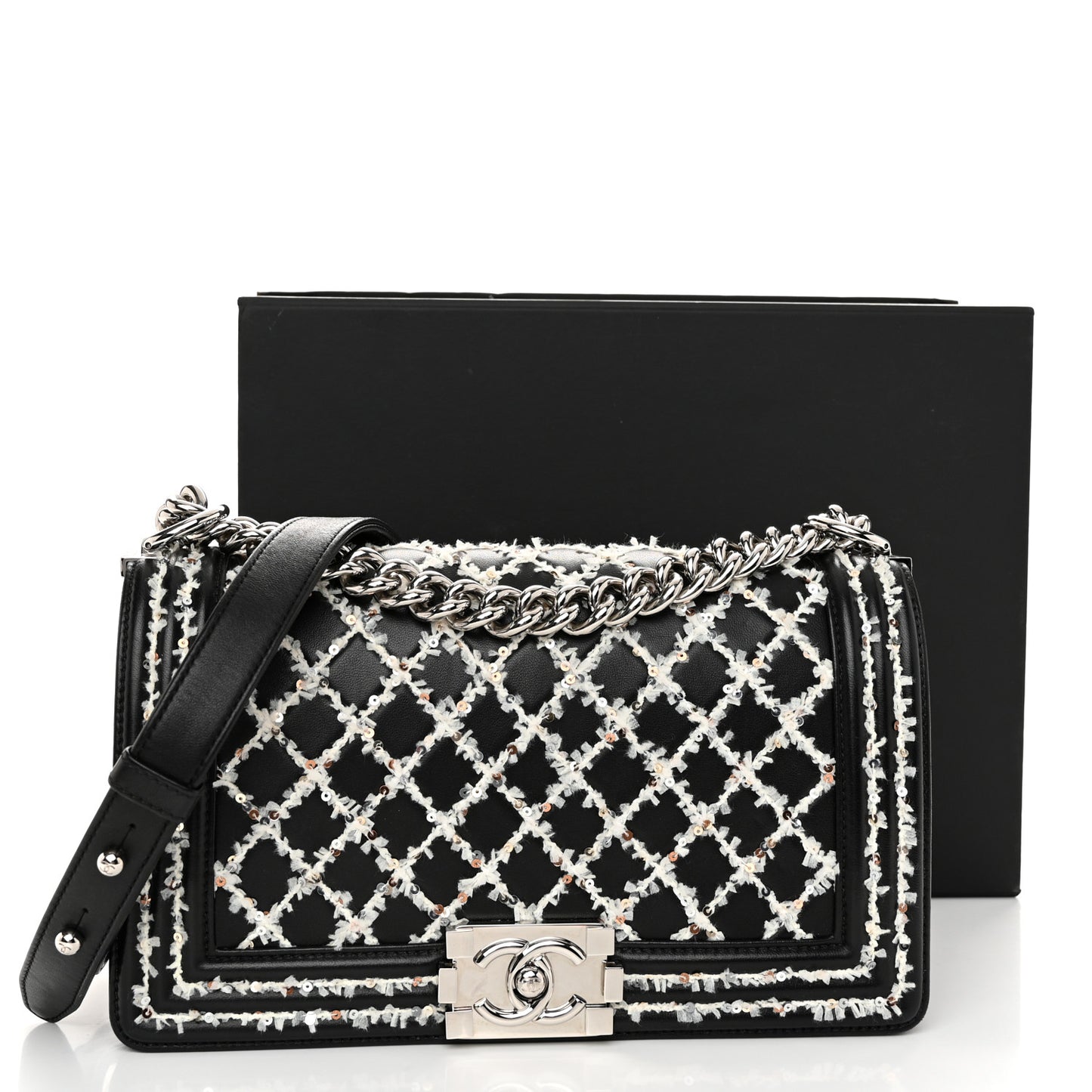 Lambskin Sequin Embroidered Medium Boy Flap Black White