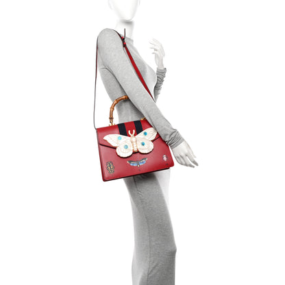 Gucci Calfskin Bamboo Web Medium Falena Moth Top Handle Bag Hibiscus Red 2 of 13