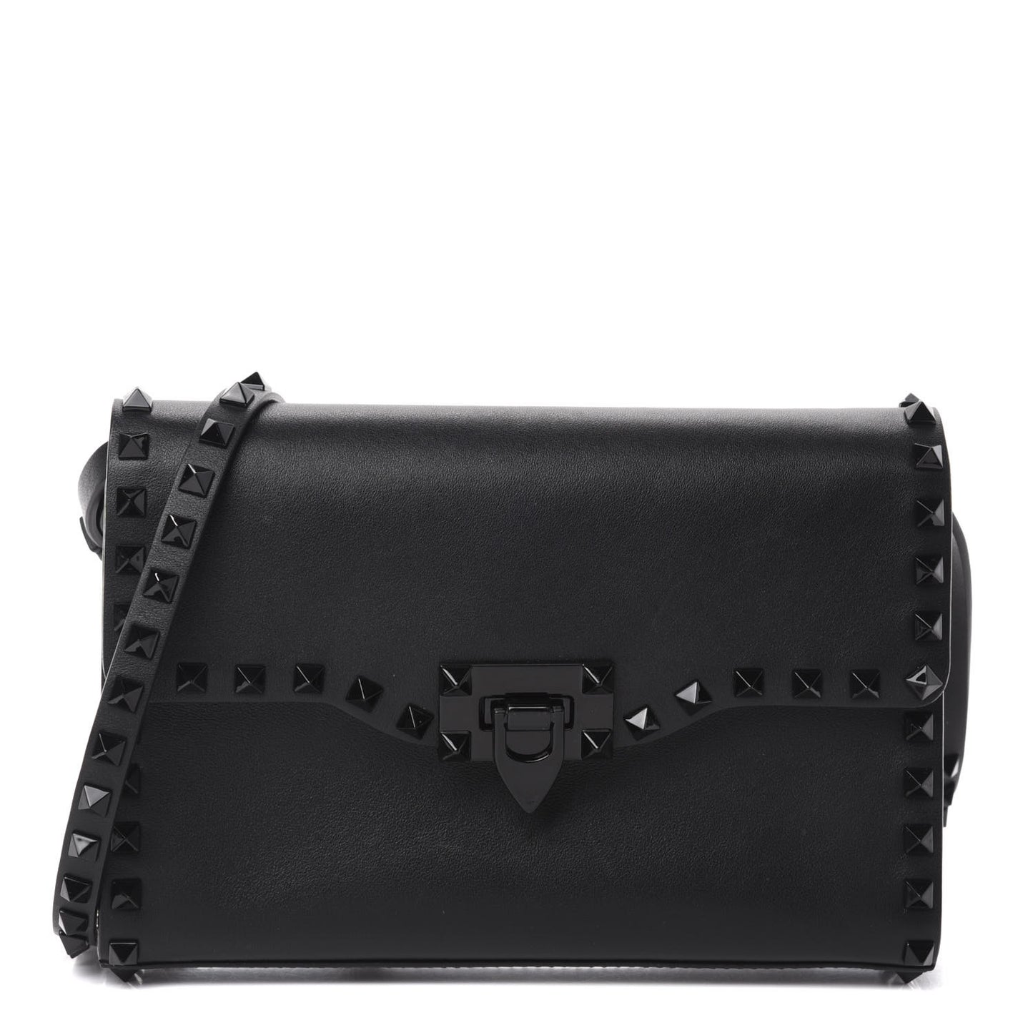 Vitello Monochrome Medium Rockstud Flip Lock Crossbody Bag Black