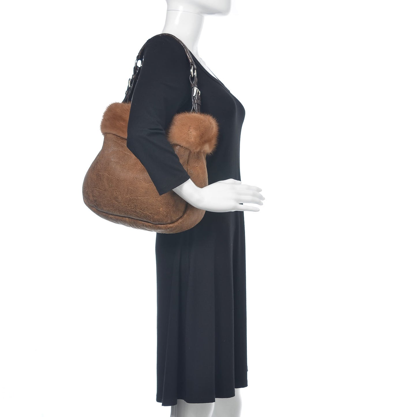 Suede Shearling Mink Fur Crocodile Shoulder Bag Brown