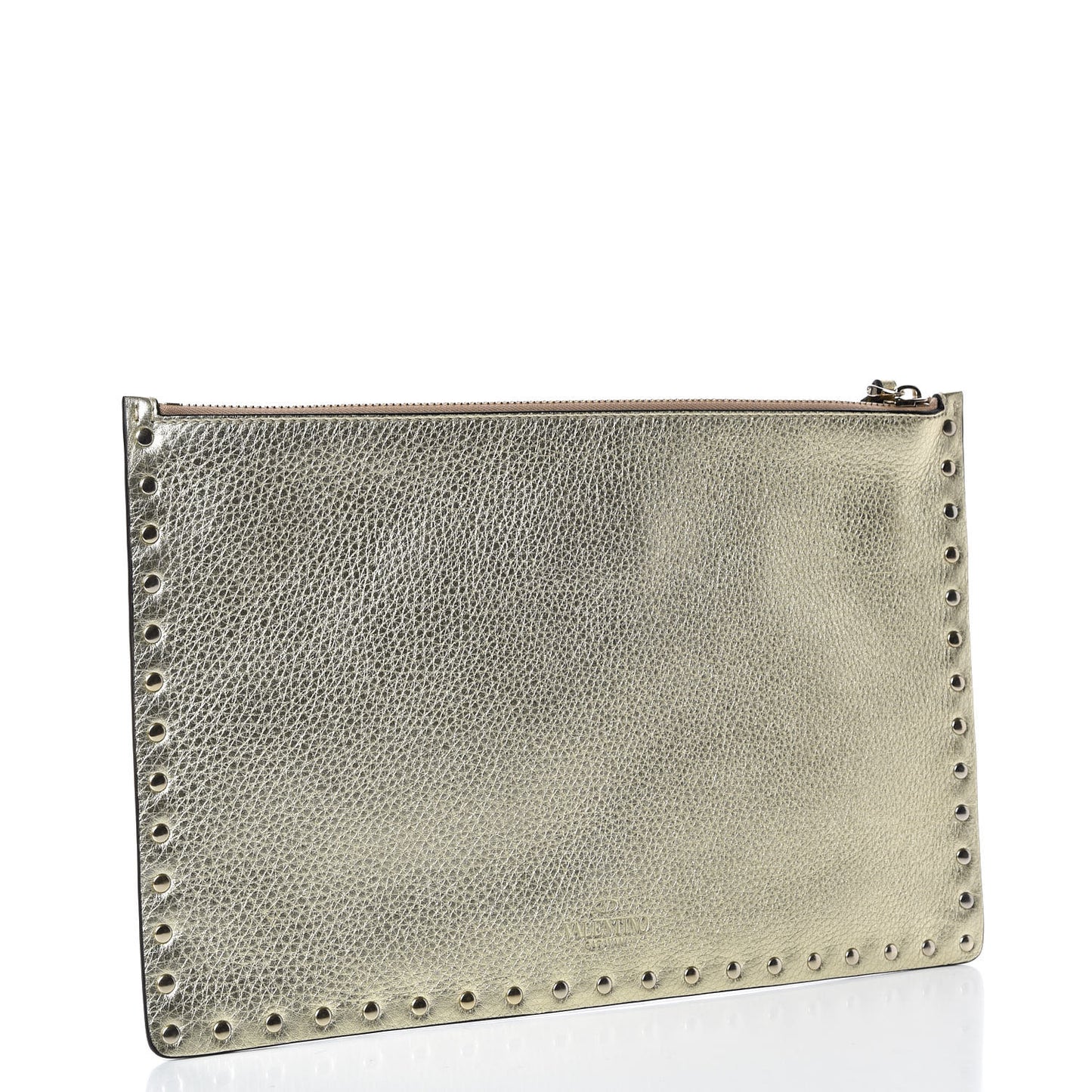 Grained Calfskin Large Rockstud Zip Pouch Platino