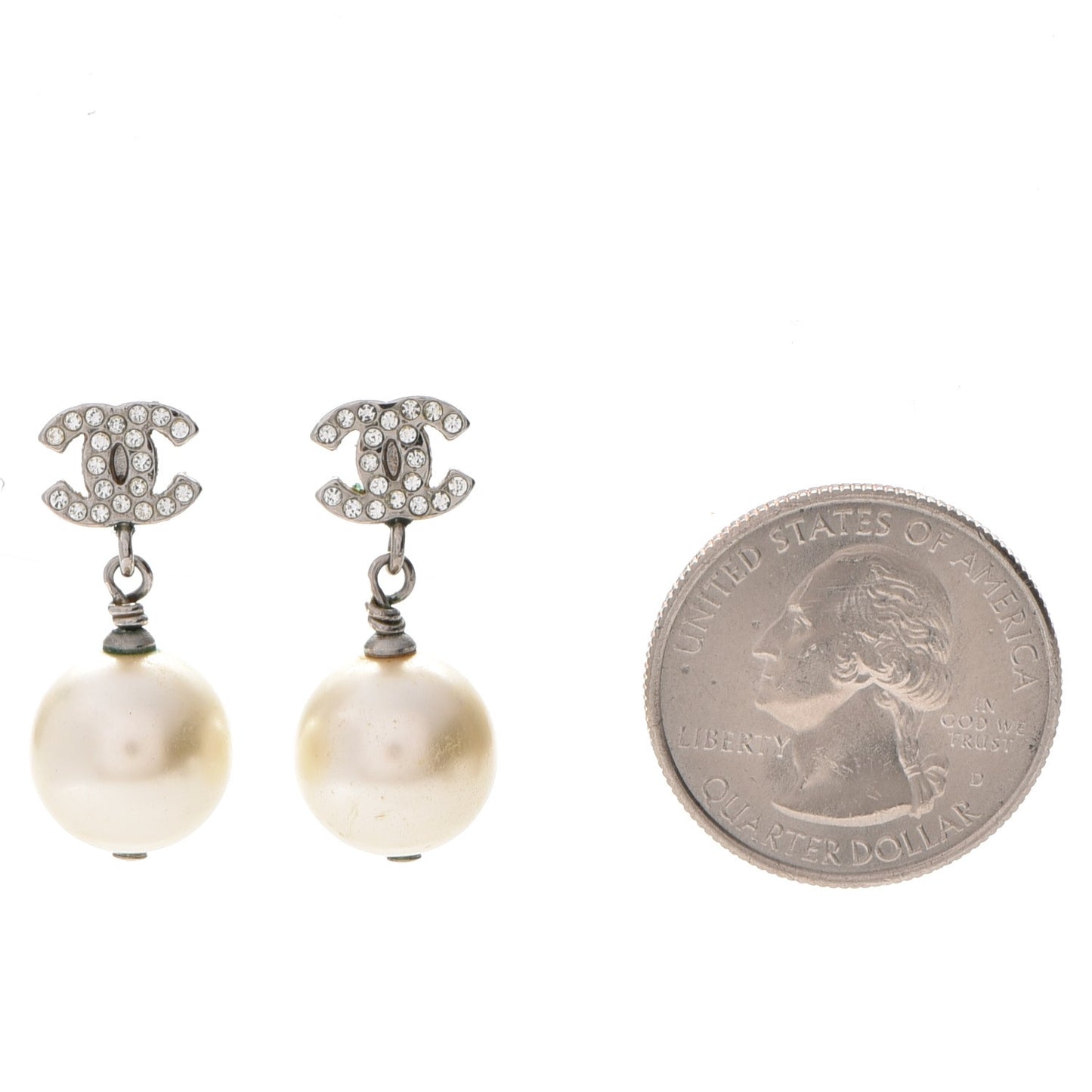 Crystal Pearl CC Drop Earrings Silver