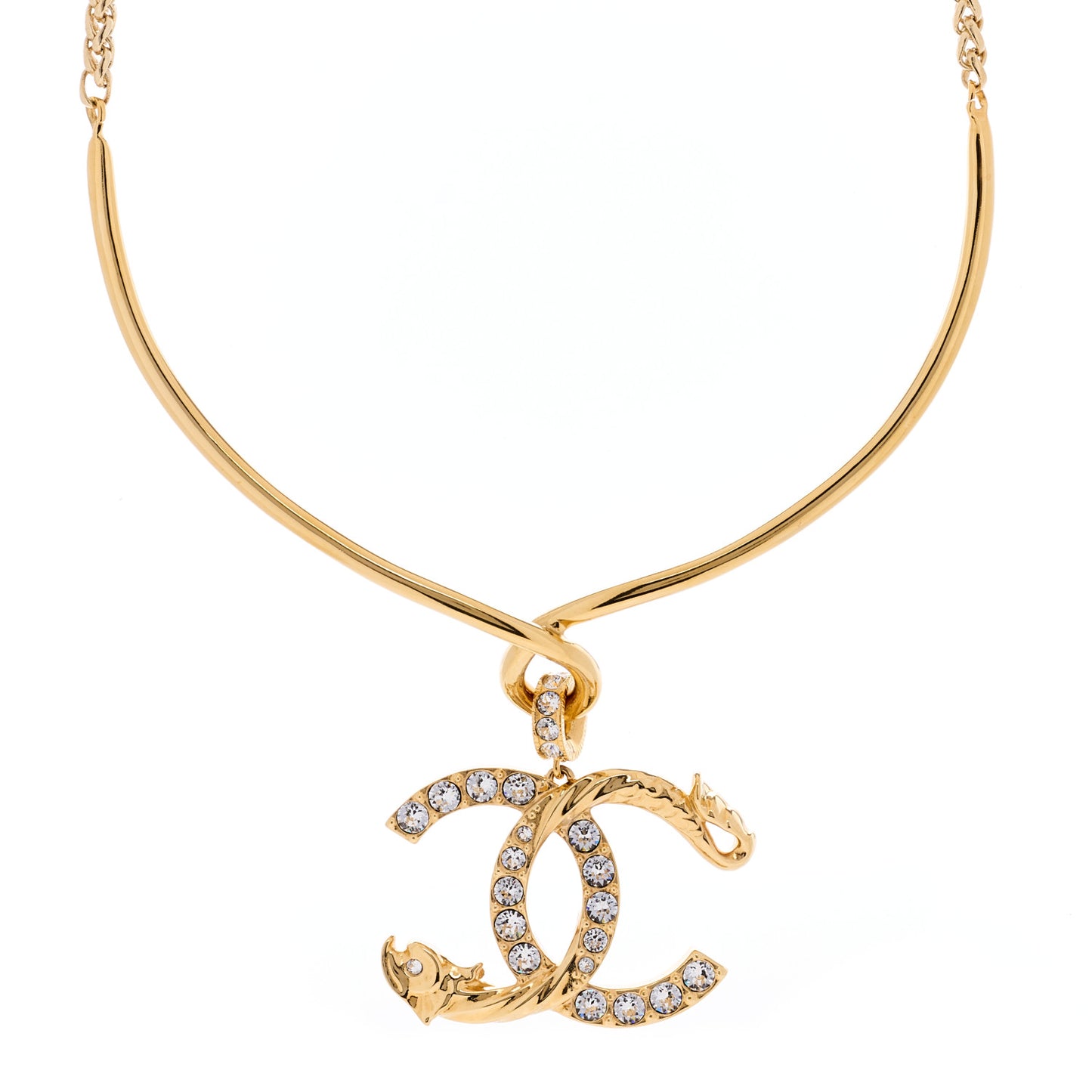 Textured Metal Crystal CC Dragon Choker Necklace Gold
