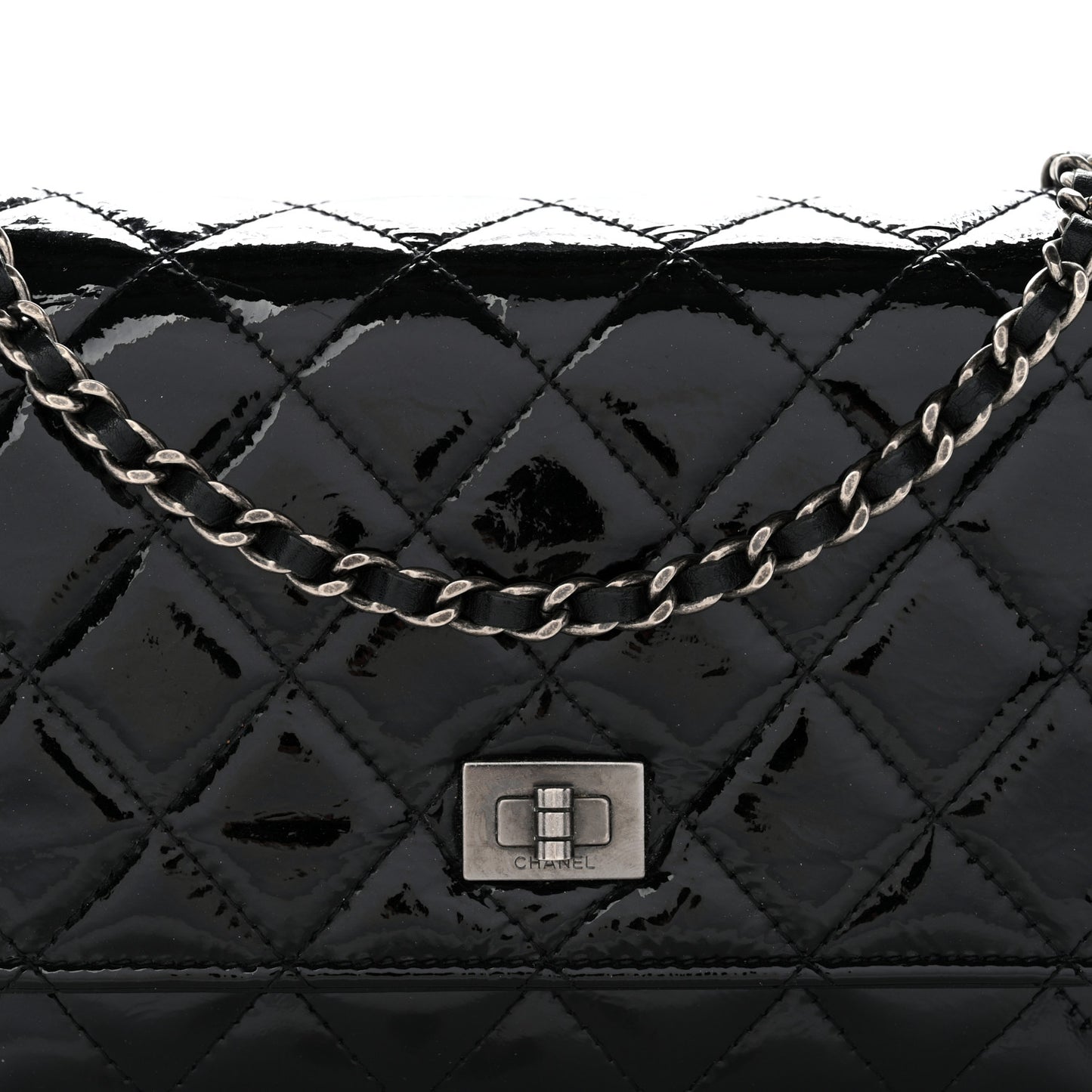 Distressed Patent Calfskin Quilted Reissue Wallet On Chain WOC Black