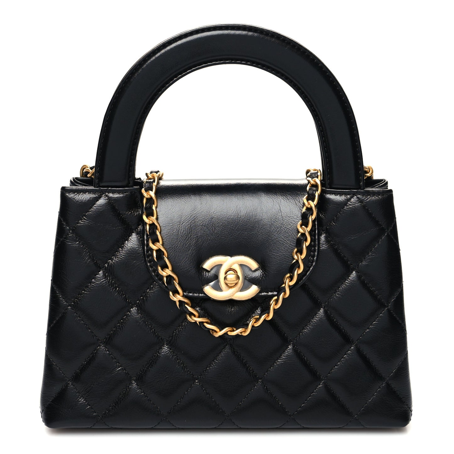 Shiny Aged Calfskin Quilted Nano Kelly Shopper Black