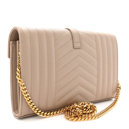 Saint Laurent Grain De Poudre Mixed Matelasse Triquilt Monogram Chain Wallet Dark Beige 3 of 14