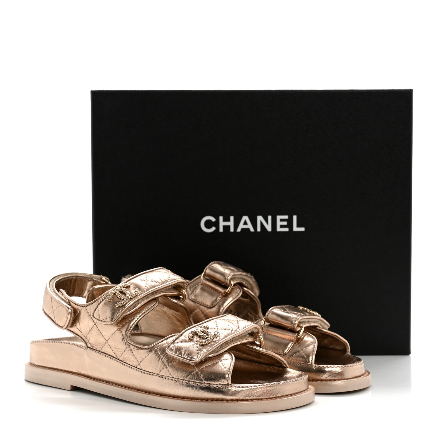 Chanel Iridescent Lambskin Quilted Velcro Dad Sandals 36.5 Light Bronze 10 of 10